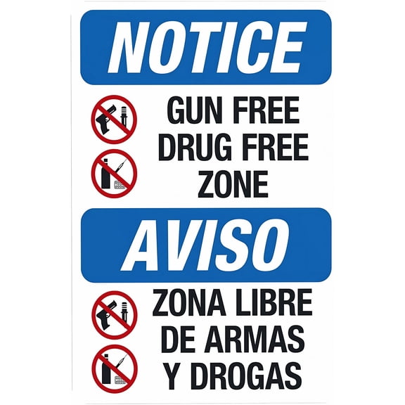 Gun Free Drug Free Zone Bilingual Sign 8"x12" - Metal Security Easy to Mount for School Campus Office Home Business Yard Garden Street