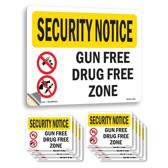 Gun Free Drug Free Zone OSHA Security Notice Vinyl Decal Label 14 Inch x 10 Inch - 10 Pack