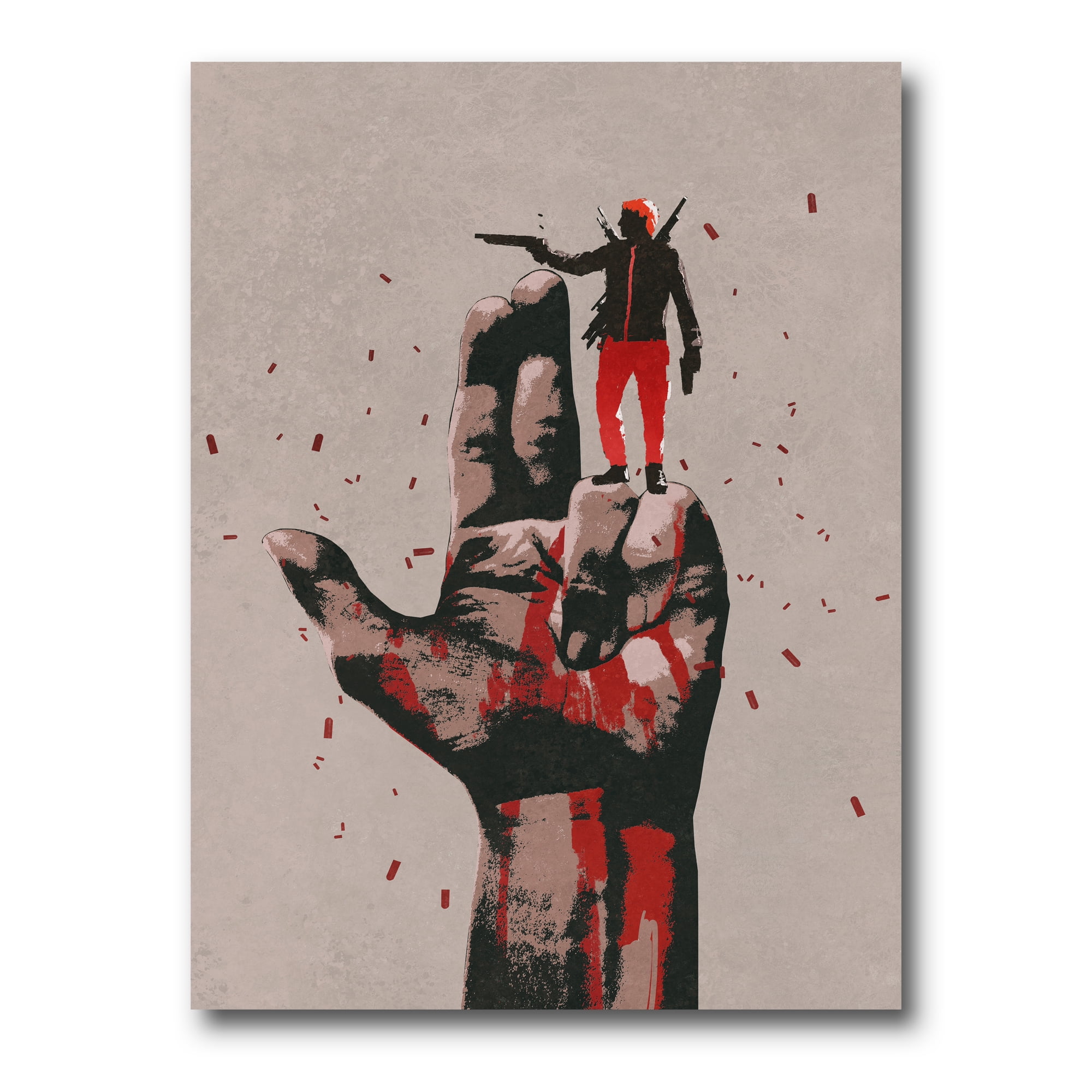 Gun Hand Sign With Man Shooting Gun 12 in x 8 in Painting Canvas Art Print, by Designart