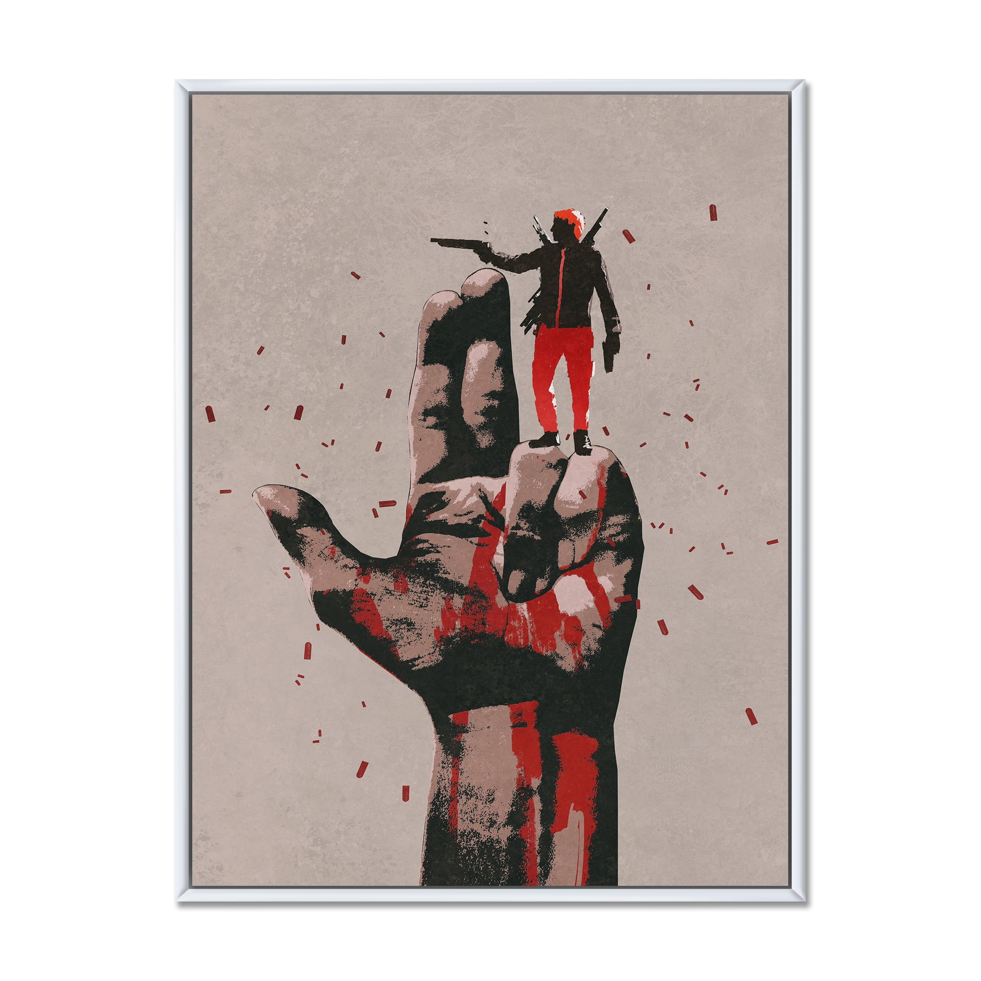 Gun Hand Sign With Man Shooting Gun 24 in x 32 in Framed Painting Canvas Art Print, by Designart