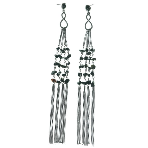 Gun Metal-Tone Tassel Earrings With Black Stone Accents TME963A