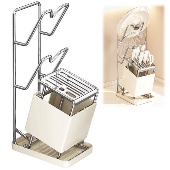 Gun Metal Wall Mounted Knife and Pot Lid Rack, 2-Tier Space Saving Magnetic Kitchen Organizer for Knives, Cutting Boards, Kitchen Tools, Rustproof and Easy to Install