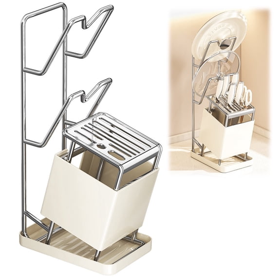 Gun Metal Wall Mounted Knife and Pot Lid Rack, 2-Tier Space Saving Magnetic Kitchen Organizer for Knives, Cutting Boards, Kitchen Tools, Rustproof and Easy to Install