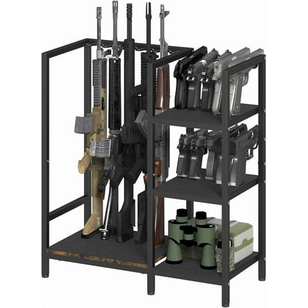 Gun Rack, Floor Standing Rifle Stand with Pistol Shelves, Vertical Shotgun Storage Holder Display Racks Indoor with Padding for Home or Garage, Hold up to 5 Long Guns and 10 Handguns, Black