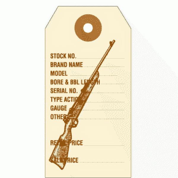 Gun and Rifle ID Tags. Preprinted in Brown Ink on Manila Stock, with Reinforced Eyelet. Each Tag is Pre-Strung. Tag Size: 3 3/4" x 1 7/8". FREE Shipping. TG95886SQ. 50 Tags