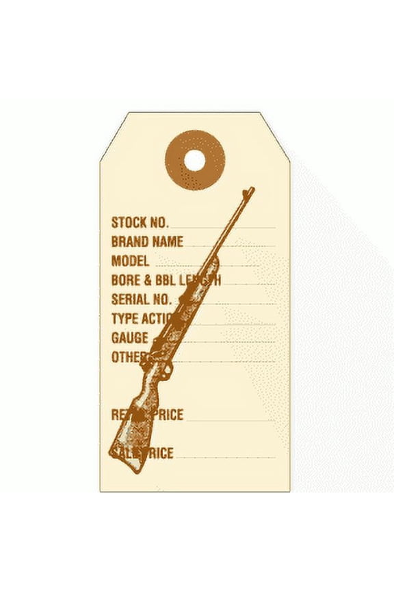 Gun and Rifle ID Tags. Preprinted in Brown Ink on Manila Stock, with Reinforced Eyelet. Each Tag is Pre-Strung. Tag Size: 3 3/4" x 1 7/8". FREE Shipping. TG95886SQ. 50 Tags