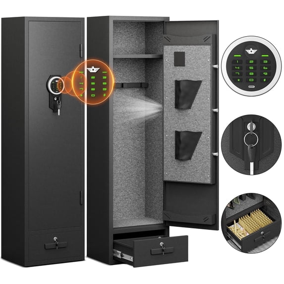 Gun Safe, 4-5 Gun Safe for Shotgun and Pistols, Quick Access Gun Safes with Drawer, Removable shelf and Pistol Bags, Digital Keypad Gun Safe with Adjustable Gun Rack