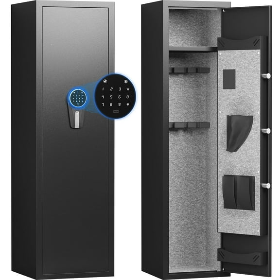 Gun Safe, 4-6 Larger and Deeper Gun Safe for Pistols, Quick Access Gun Safe with Silent Mode and Alarm System, Long Gun Cabinet with Removable Shelf and 2 Adjustable Gun Slots
