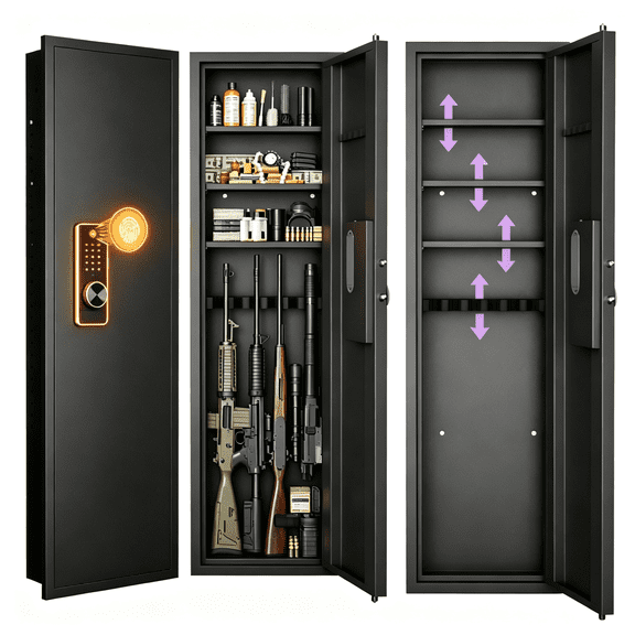 Gun Safe, 53"H Fingerprint Touch Panel Rifle Cabinet, Hidden In-Wall Gun Safe with Adjustable Shelves, Steel Security Storage, Black