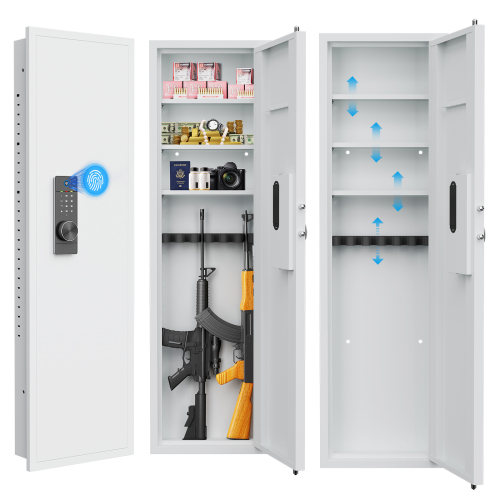 Gun Safe, 53"H Hidden In-Wall Rifle Safe with Adjustable Shelves, 4 Unlock Methods, Steel Firearm Storage Cabinet, Fingerprint Touch Panel, White