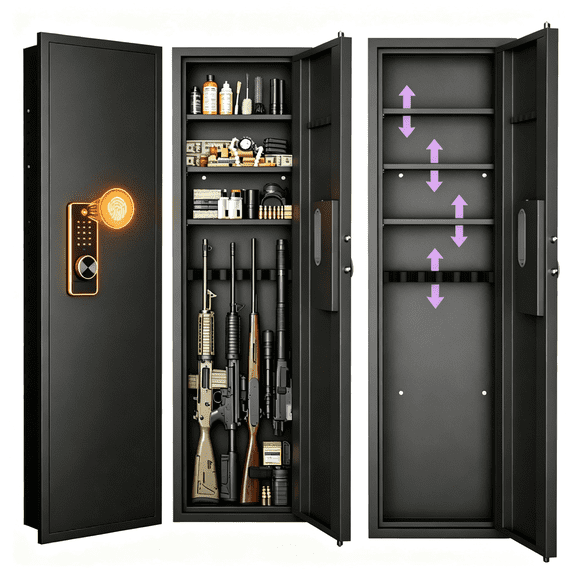 Gun Safe, 53" In-Wall Firearm Safe with Fingerprint Touch Panel, Hidden Gun Cabinet for Rifles, Adjustable Shelves, Black