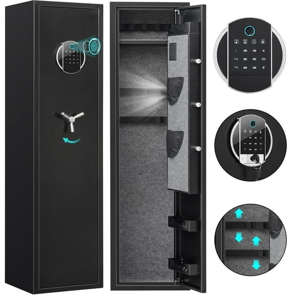 Gun Safe, Biometric Fingerprint 3-5 Long Gun Safes for Guns and Pistols, Quick Access Gun Storage Cabinets for Shotguns with LED Light & Removable Shelf