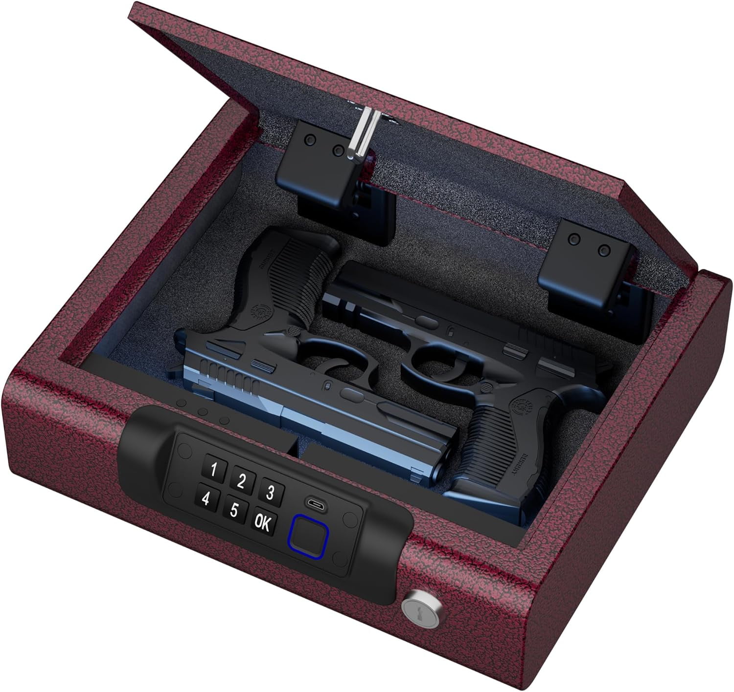 Gun Safe,Biometric Gun Safe for Pistols 3-Ways unlock Fingerprint Digital PIN Key Unlock with Voice,Lock box for Cloakroom living room Bedroom Nightstand and Car Burgundy Red