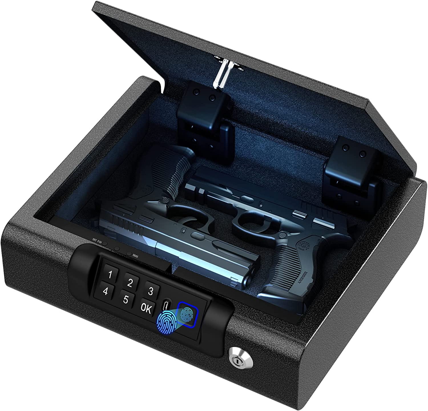 Gun Safe,Biometric Gun Safe for Pistols 3-Ways unlock Safe Fingerprint Digital PIN Key Unlock with Voice, Gun lock box for Cloakroom living room Bedroom Nightstand and Car