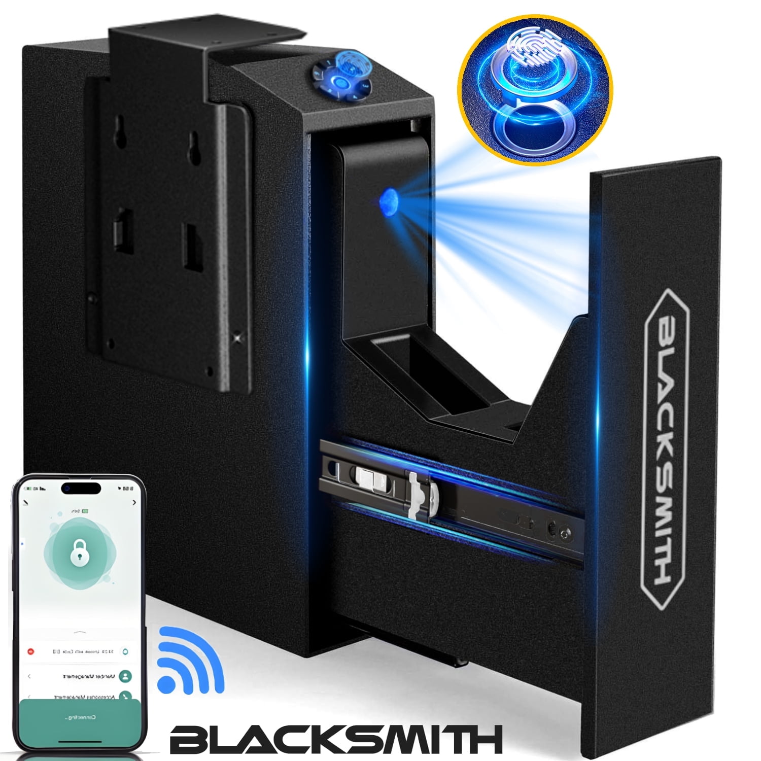 Gun Safe,Blacksmith Biometric Gun Safe for Pistol with APP Control and Fingerprint,Wall Mounted Handgun Pistol Safe Quick Access Auto Sliding Gun Locker Box,Black