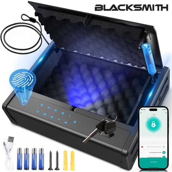 Gun Safe,Blacksmith Biometric Pistol&nbsp;Safe Gun Locker Box with APP Control and Fingerprint 5-Quick Access Unlock, Gun Case Handgun Safe for 2 Pistols,Black