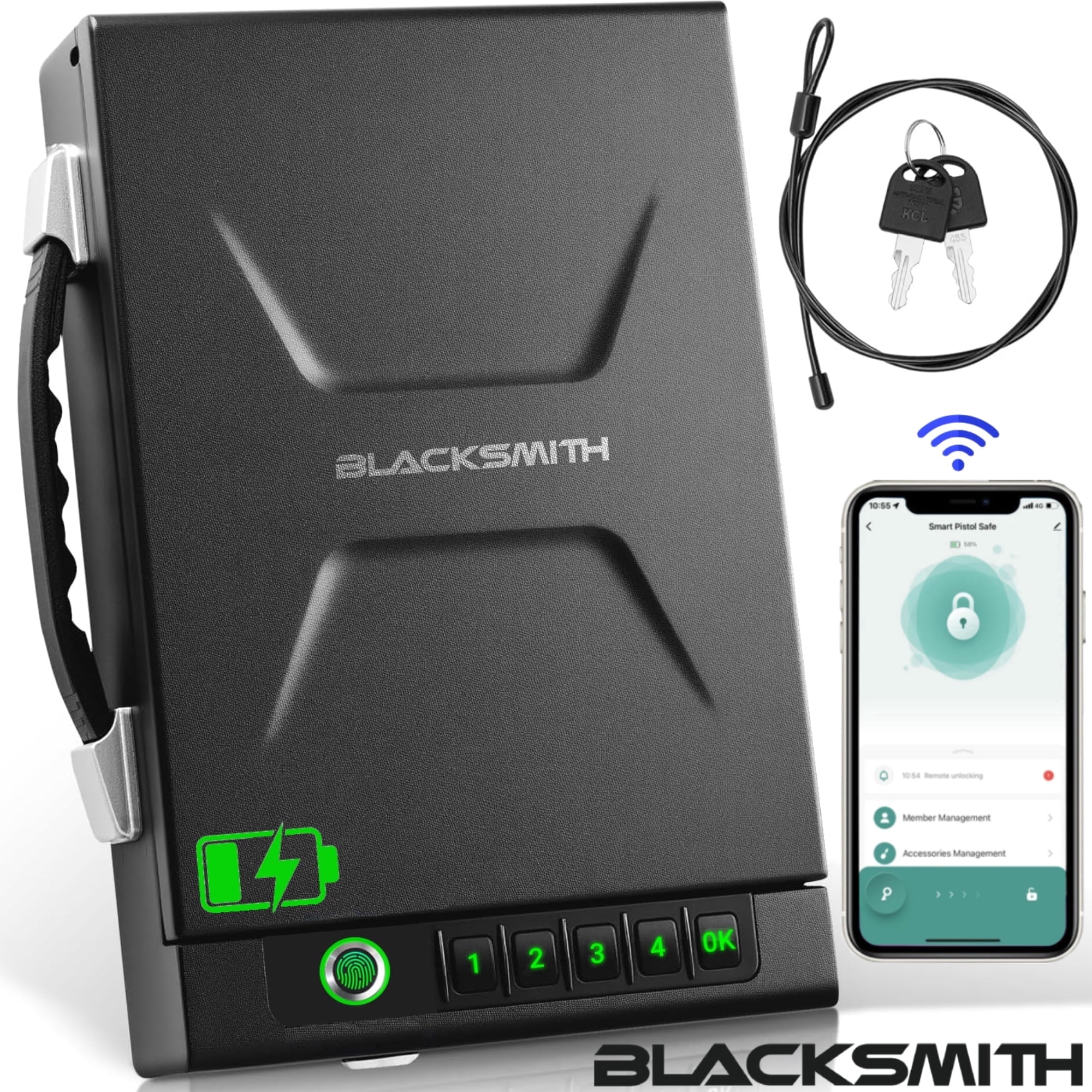 Gun Safe,Blacksmith Rechargeable Biometric Pistol Safe with Handled,Fingerprint and APP Quick Access,Black