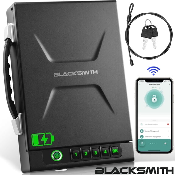 Gun Safe,Blacksmith Rechargeable Biometric Pistol Safe with Handled,Fingerprint and APP Quick Access,Black