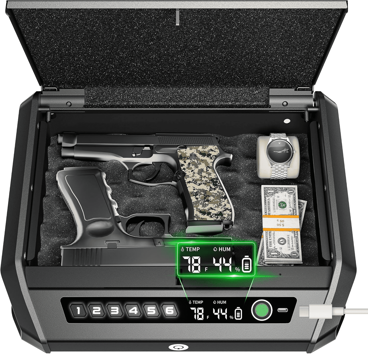 BEACHWATER POOL & SPA, LLC Gun Safe With LCD Display, ≤0.1S Quick Access Handgun Safe For 2-4 Pistols, Hand Gun Lock Box With Fingerprint | Keypad | And Keys For Home Drawer Bedside Nightstand