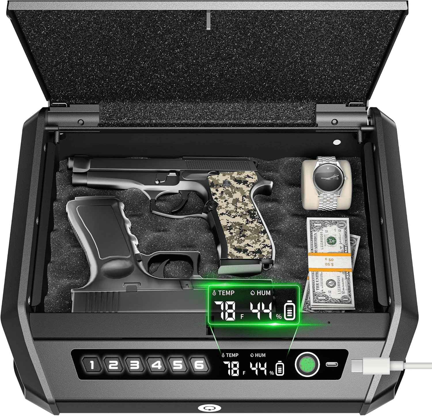 Gun Safe with LCD Display, 0.1s Quick Access Handgun Safe for 2-4 Pistols, Hand Gun Lock Box with Fingerprint | Keypad | and Keys for Home Drawer Bedside Nightstand