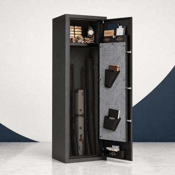 Gun Safe, 52" Tall Biometric Rifle Safe, Black Long Gun Safe Cabinet with Keypad Lock, Adjustable Racks, Alarm System, Top Compartment & Door Storage, Pre-Assembled