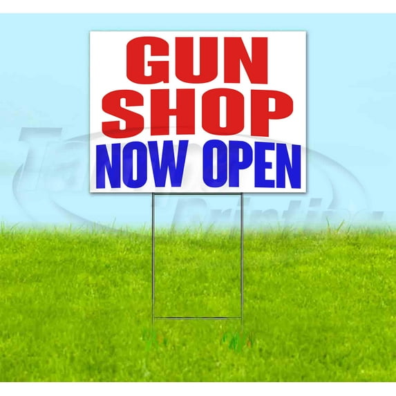 Gun Shop Now Open (18"" X 24"") Corrugated Plastic Yard Sign, Includes Metal Step Stake, Bandit, New, Advertising, Usa
