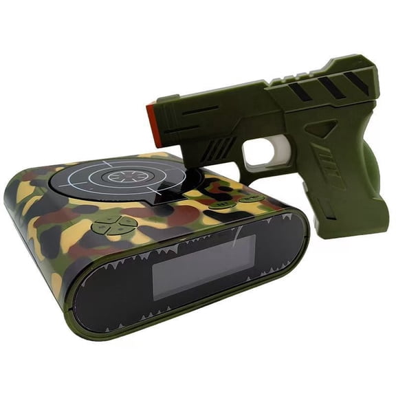 Gun and Target Alarm Clock, Customizable Voice Recording Morning Routine Trainer, Large LED Digital Display Desk Timer, Unique Birthday Gadget Gift for Boys Girls(green)Q