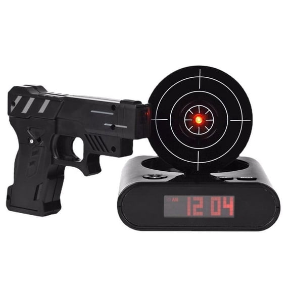 Gun and Target Alarm Clock, Customizable Voice Recording Morning Routine Trainer, Large LED Digital Display Desk Timer, Unique Birthday Gadget Gift for Boys Girls(black)Q