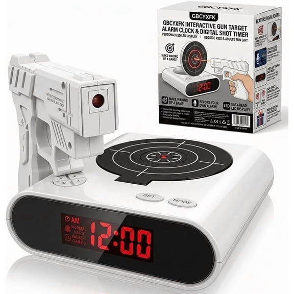 Gun and Target Alarm Clock with Gun Shooting Game Digital Shot Timer Alarm Clock Interactive Wake You Shoot Personalized LED Display Bedside Kids Adults Fun Gift Bedroom Office