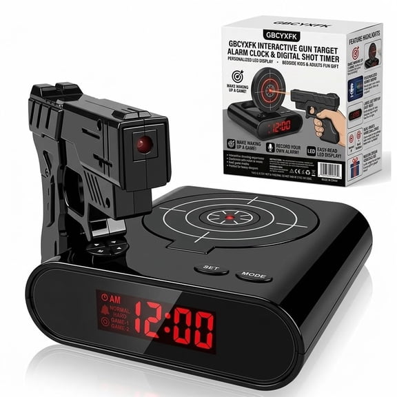 Gun and Target Alarm Clock with Gun Shooting Game Digital Shot Timer Alarm Clock Interactive Wake You Shoot Personalized LED Display Bedside Kids Adults Fun Gift Bedroom Office