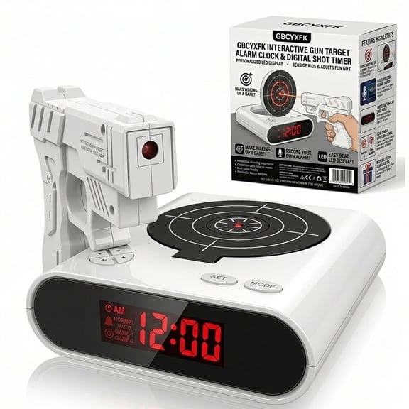Gun and Target Alarm Clock with Gun Shooting Game Digital Shot Timer Alarm Clock Interactive Wake You Shoot Personalized LED Display Bedside Kids Adults Fun Gift Bedroom Office