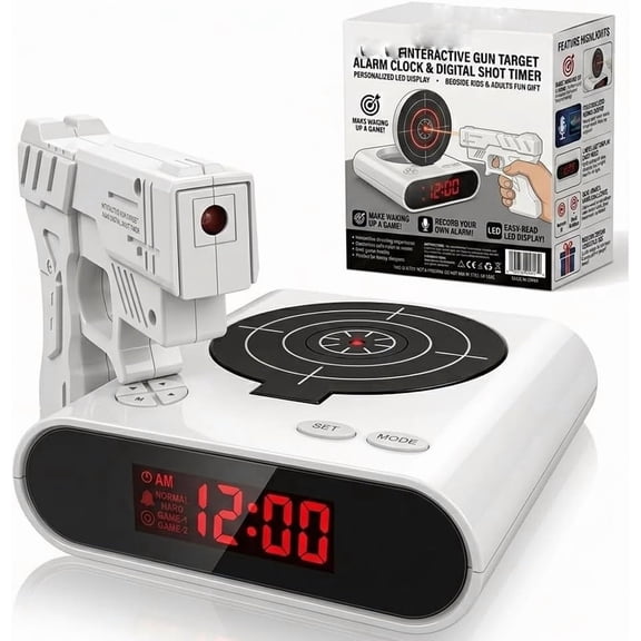 Gun Alarm Clock with Target Shooting Game, Interactive Shot Timer Alarm Clock for Heavy Sleepers, Wake Up with Infrared Gun to Stop Alarm, Large LED Display, Customizable Ringtone (White)