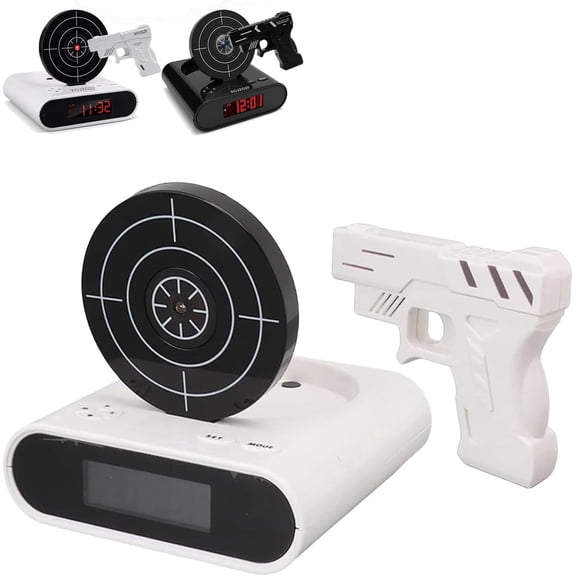 Gun and Target Alarm Clock, Interactive Shooting Game Wake-Up Clock, Digital Shot Timer with 2 Alarm Modes & LED Display, Personalized Runaway Clock for Heavy Sleepers Bedroom Home (White)