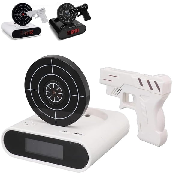 Gun and Target Alarm Clock, Interactive Shooting Game Wake-Up Clock, Digital Shot Timer with 2 Alarm Modes & LED Display, Personalized Runaway Clock for Heavy Sleepers Bedroom Home (White)