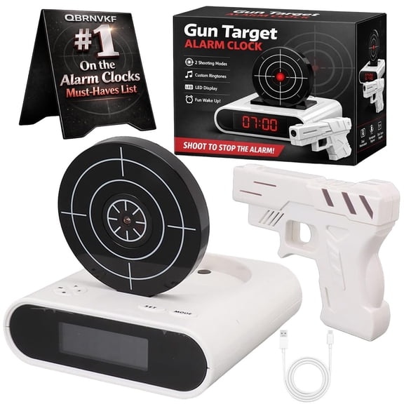 Gun Target Alarm Clock, Wake Shot Flying Timer, Personalized Rolling Runaway Timing Digital Shooting Game Carpet with Wheels, LED Display, 2 Alarming Modes for Home, Office, Living Room