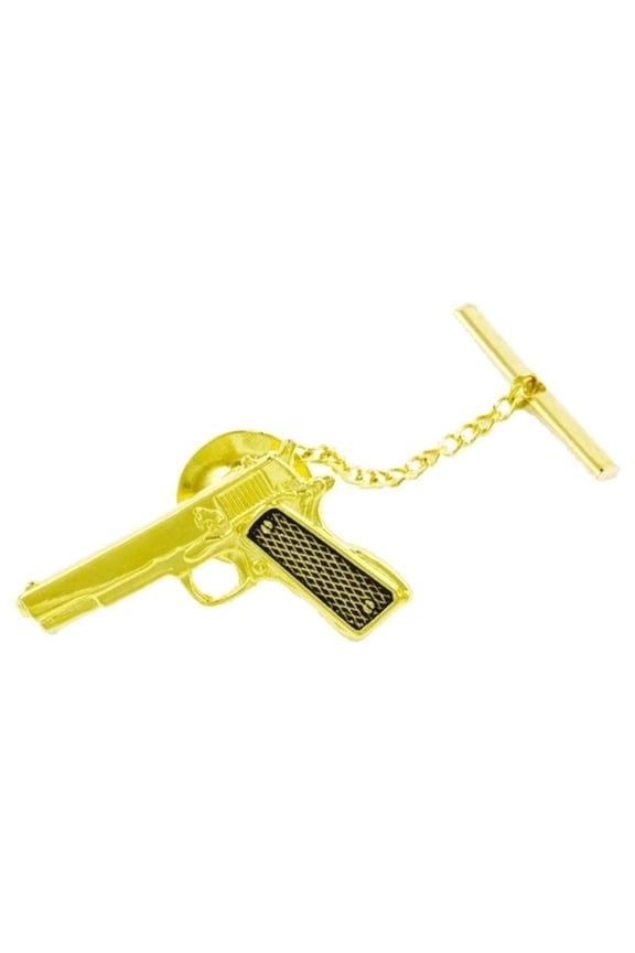 Gun Tie Tac w/Jewelers Clutch, Chain  Bar, Enameled  PlatedGold Plating, 2x5/16