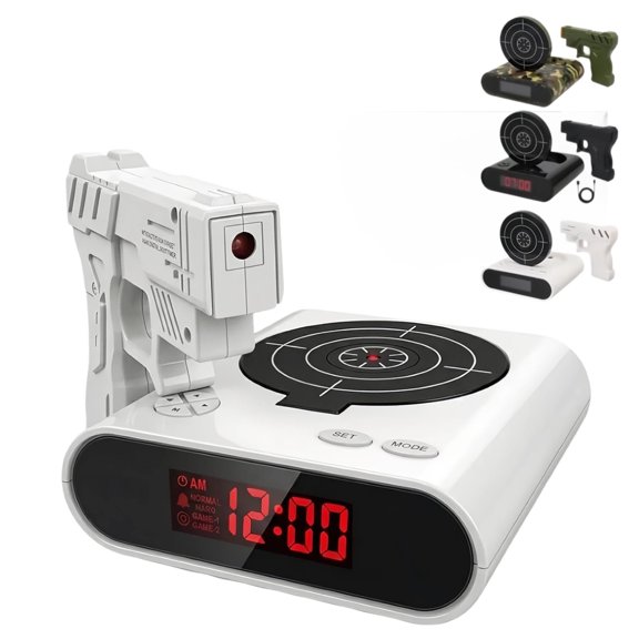 Gun and Target Alarm Clock with Large LED Display Laser Gun Shooting Alarm Clock for Bedroom Unique Alarm Clock