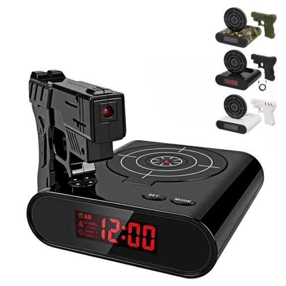 Gun and Target Alarm Clock with Large LED Display Laser Gun Shooting Alarm Clock for Bedroom Unique Alarm Clock
