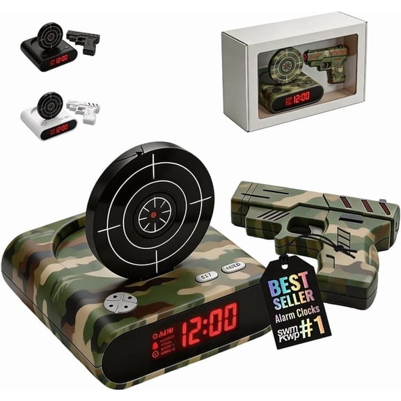 Gun and Target Shooting Game Alarm Clock, LED Digital Display Desk Timer with Voice Record for Heavy Sleepers Teens Bedroom Decor (1 Set, Green)