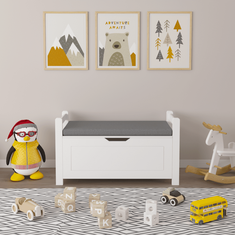 Gundir Kids Toy Storage Chest Bench with Cushioned Seat, 35" White Wooden Toy Box with Safety Hinged Lid, Large Capacity Organizer for Nursery Playroom Bedroom