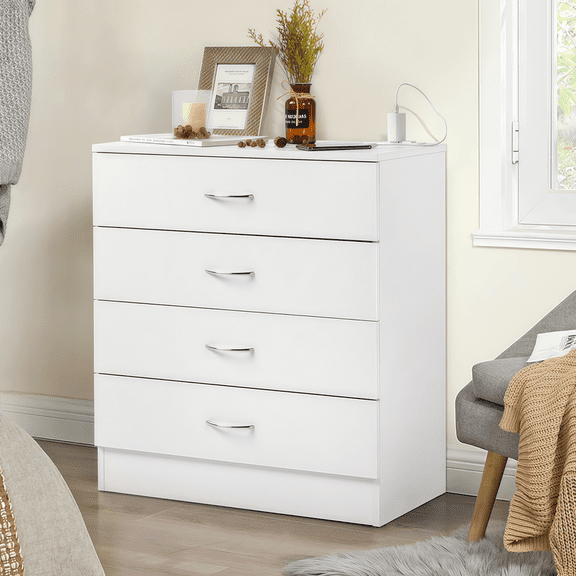Gundir White 4 Drawer Dresser with USB Ports and Outlet, Modern Wood Chest of Drawers Nightstand for Bedroom, Living Room, Office