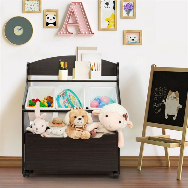 Gundir Kids Toy Storage Organizer with Large Capacity Rolling Toy Box and 3 Removable Bins, Cabinet with Shelf, Easy-Move Lockable Casters, for Playroom Bedroom,Brown, 25"L x 15"W x 30"H