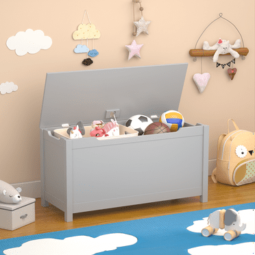 Gundir Wooden Toy Chest Toy Box for Boys and Girls Kids Storage Organizer Bench with Safety Hinged Lid for Living Room Bedroom and Toddler Room, Gray