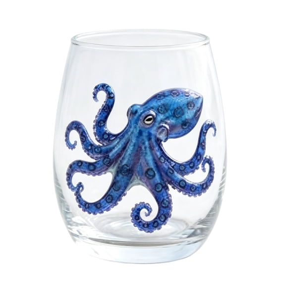 Gunhay Clearence Artisanal Blue Ringed Octopus Glassware 3D Ocean Animal Artisan Glassware Collection, Premium Lead-Free Glass Tumbler, Coastal Beach Home Decor for Nature & Zoo Lovers, Blue Octopus