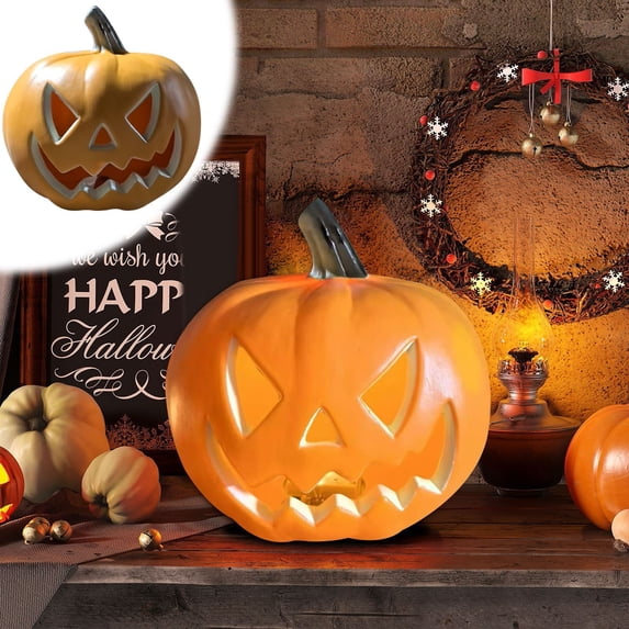 Gunhay Halloween Decor Clearence Halloween Pumpkin Lantern with Green Stem, Battery Operated LED Light Up Jack-O-Lantern Table Decor, Spooky Glowing Prop for Halloween Party, Window Display