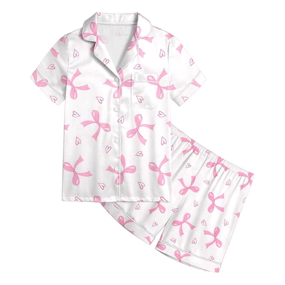 Gunia 2 Piece Bow Pajamas For Teen Girls Button Down Short Sleeve Top And Shorts Pajama Pjs Loungewear White 13-14 Years