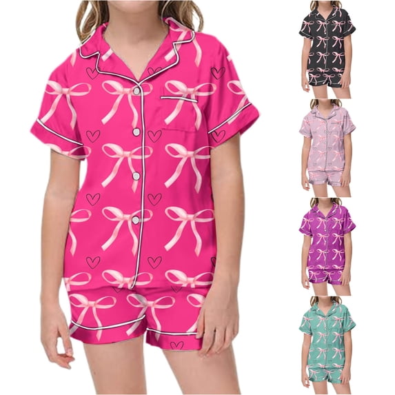 Gunia 2 Piece Bow Pajamas For Teen Girls Soft Cute Printed Button Up Short Sleeve Tops And Shorts Pajama Set Breathable Nightwear Pjs Sleepwear Pink 10-11 Years