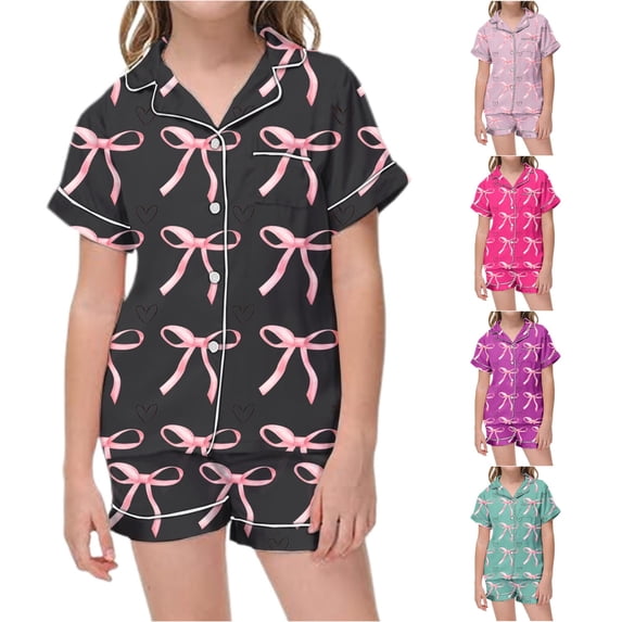 Gunia 2 Piece Bow Pajamas For Toddler Girls Soft Cute Printed Button Up Short Sleeve Tops And Shorts Pajama Set Breathable Nightwear Pjs Sleepwear Black 2-3 Years