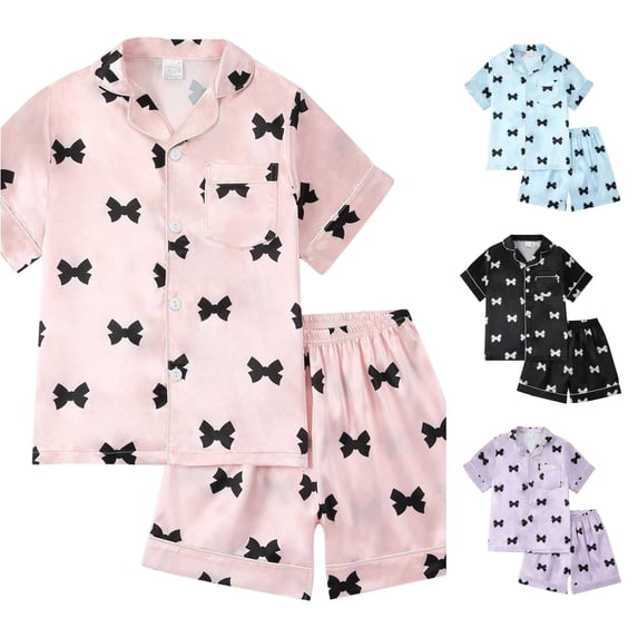 Gunia 2 Piece Kids Girls Bow Pajama Set Satin Pajama Short Sleeve Tops With Buttons Silk For Nightwear Outfit Pjs Loungewear Red 9-10Years