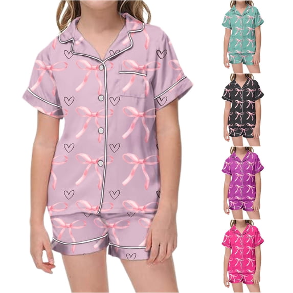 Gunia 2 Piece Teen Girls' Bow Pajama Sets Soft Cute Printed Button Up Short Sleeve Tops And Shorts Pajama Set Breathable Nightwear Pjs Loungewear Light Purple 12-13 Years